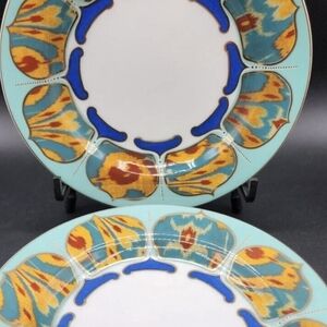 2 Anthropology Aqua And Orange And Gold  SaladPorcelain Plates